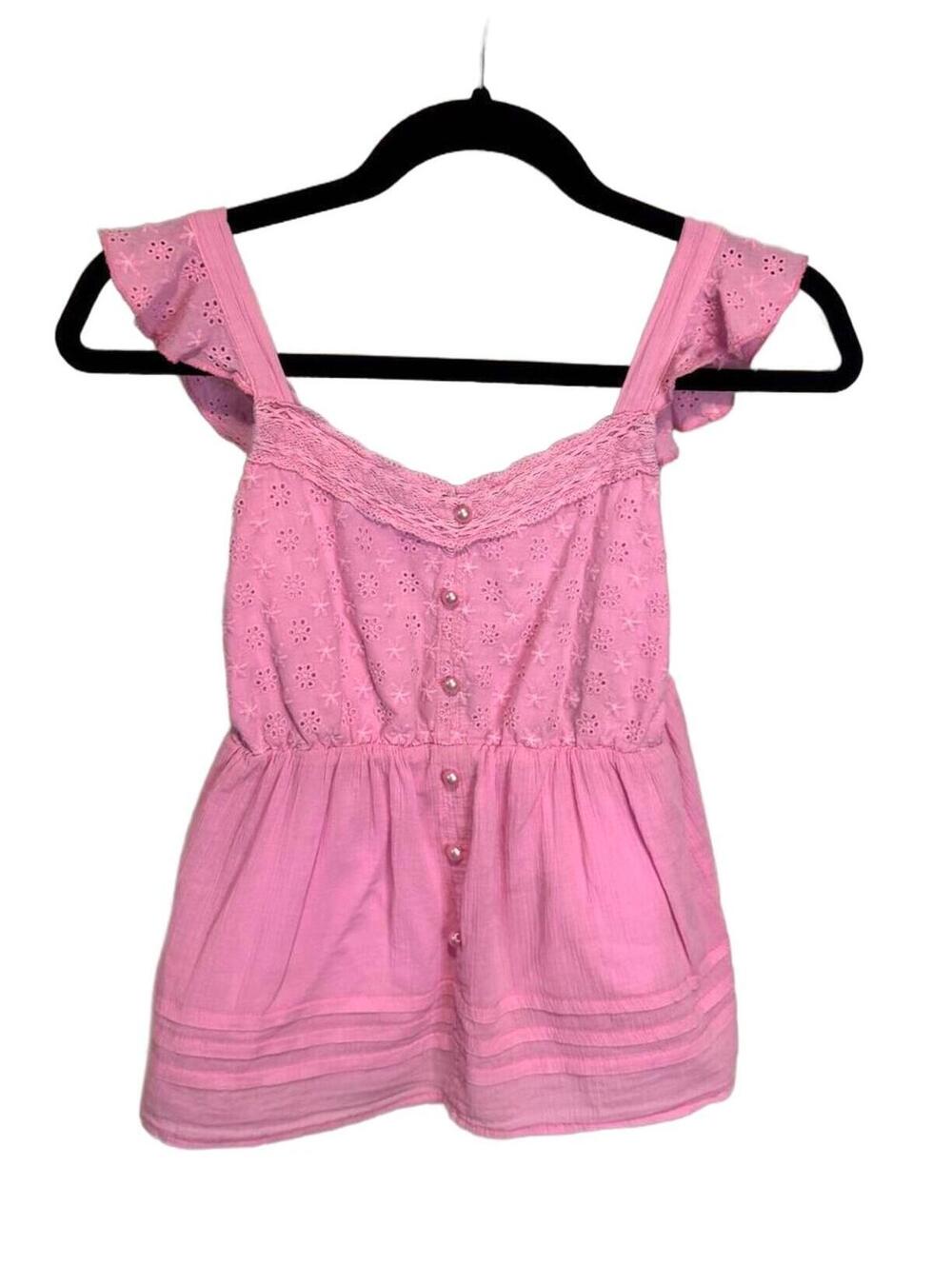 JUSTICE | Girls Pink Babydoll Top Pearl Buttons Lace Trim Girly Summer Cotton